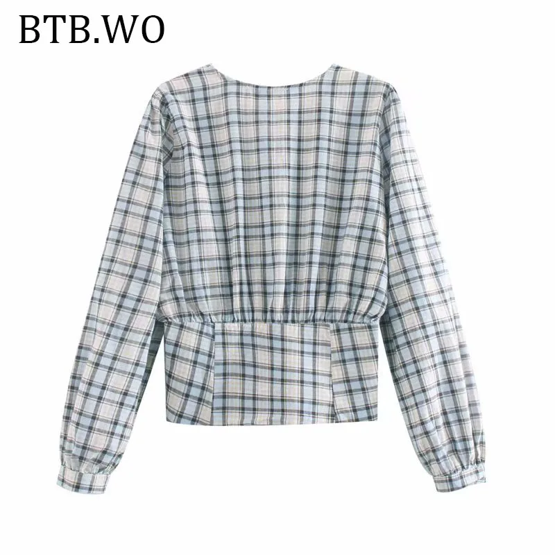Женские рубашки blusas mujer de moda 2019 с v-образным вырезом клетчатая Повседневная