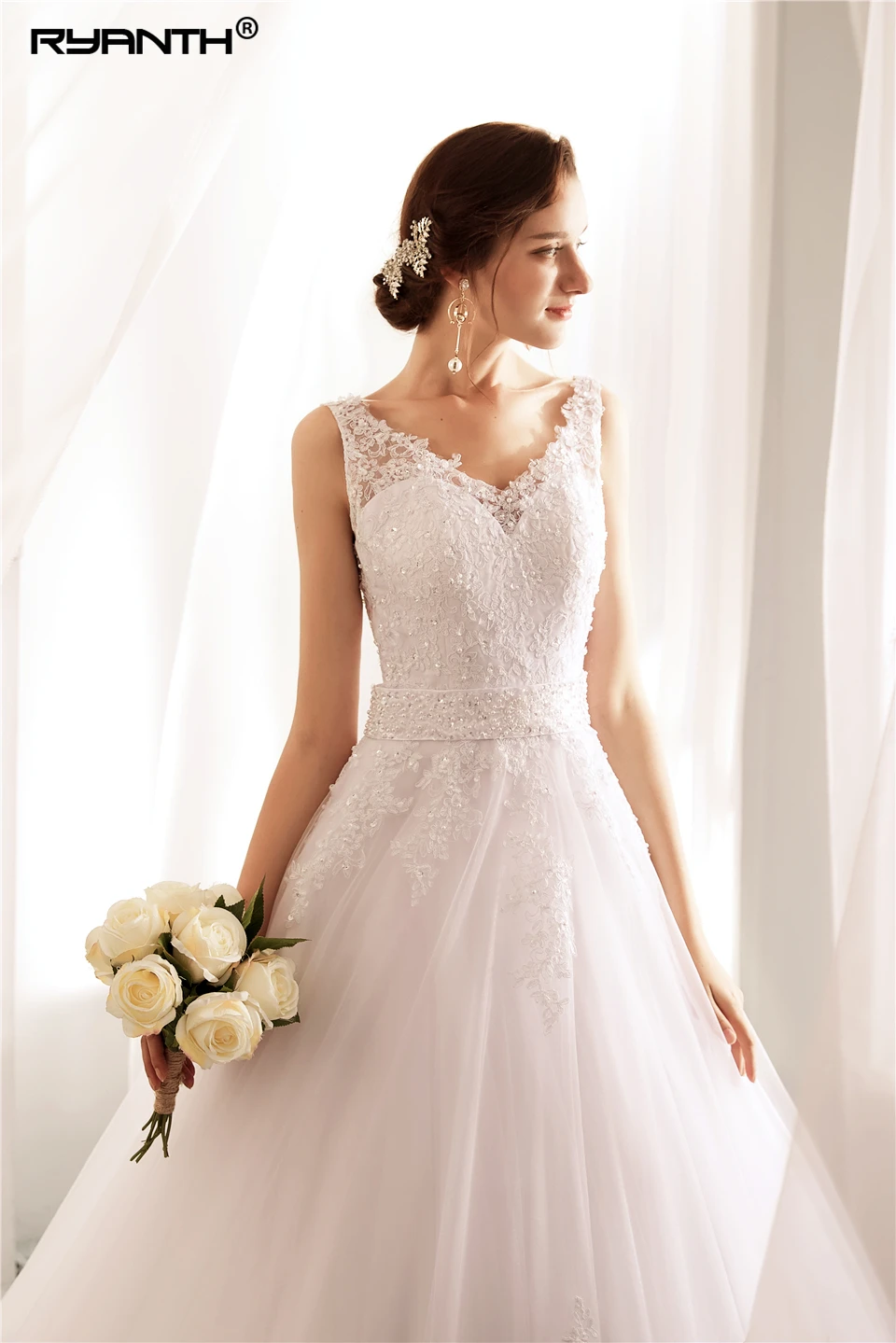 Robe De Mariage Vestidos de novia сексуальное платье на бретельках с v-образным вырезом и поясом из бисера недорогое свадебное платье ТРАПЕЦИЕВИДНОЕ свадебное платье