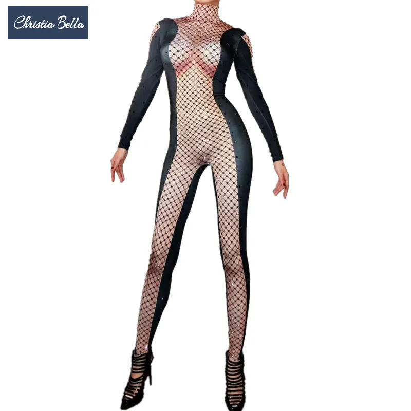 

Christia Bella Sexy Crystals Bodysuit Women Nightclub DJ DS Stretch Jumpsuit Long Sleeve Leotard Stage Outfits Pole Dance Wear