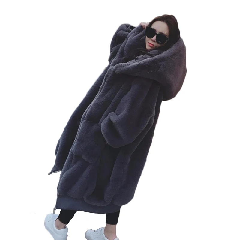 

Шуба женская из искусственного кроличьего меха, с капюшоном, зимняя утепленная, длинный рукав, 2021