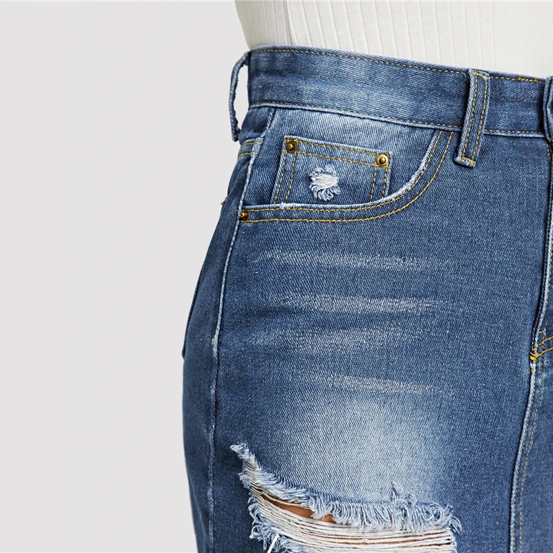 ROMWE 5-Pocket Ripped Detail Облегающая джинсовая юбка синие с высокой талией джинсовые юбки летние женские на молнии Пуговицы сексуальная юбка