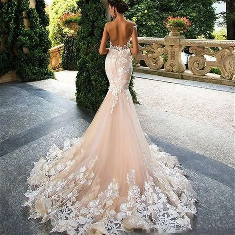 Sexy Backless Mermaid Wedding Dress Cap Sleeves Lace Applique Vestido De Novia Sweep Train Custom Made robe de mariee | Свадьбы и