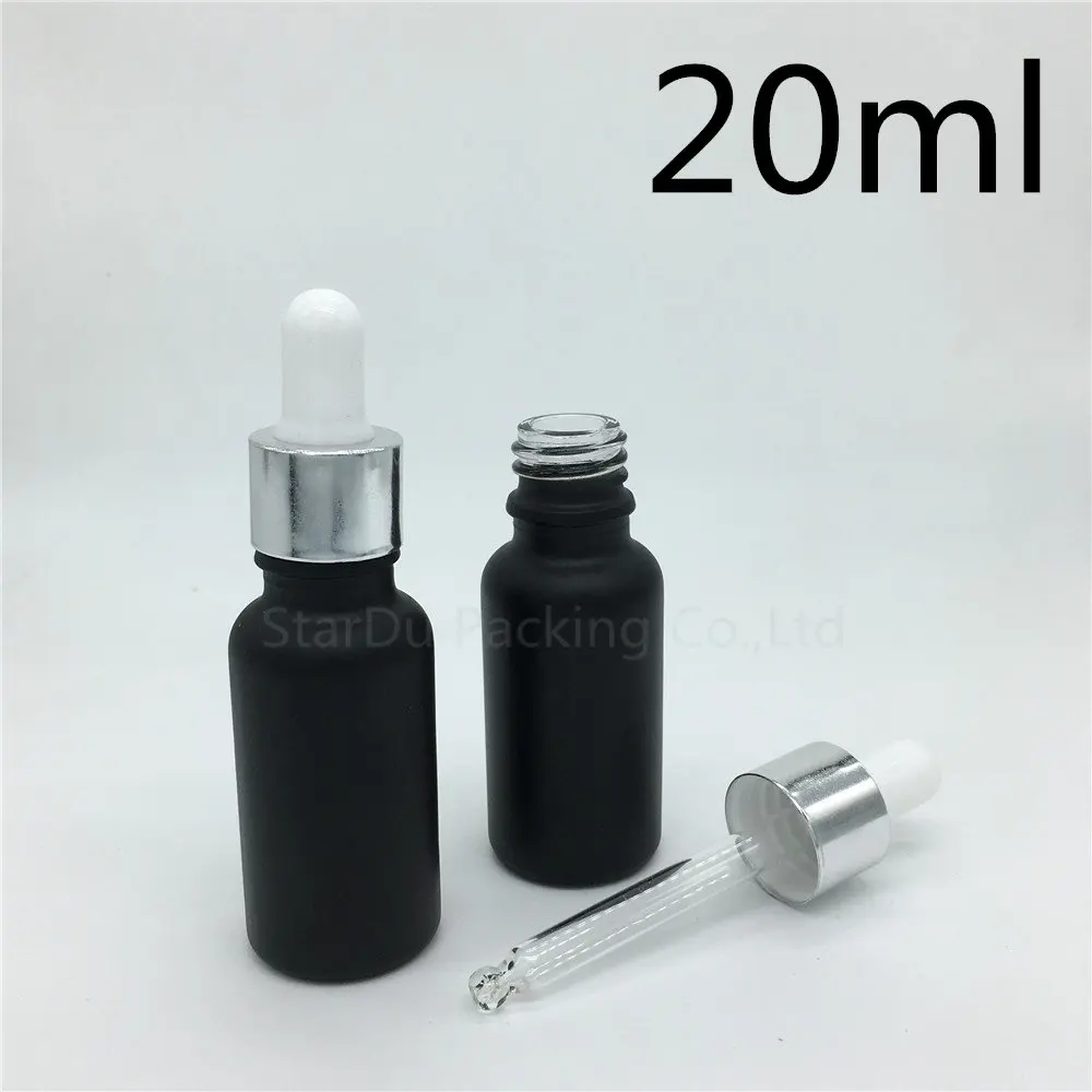 

480pcs 20ml Black Frosted Glass Essential Oil Bottle With Silvery Aluminum Ring Dropper Glass Perfume Bottle
