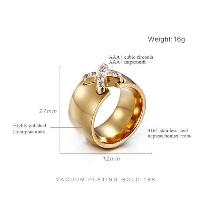 Новое поступление, Золотое кольцо Bijoux, ширина 14 мм, Большой Крест CZ, кольцо для женщин, модное ювелирное изделие,, подарок
