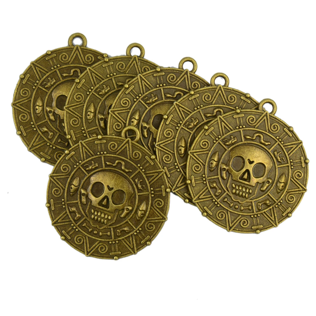 

6 Pieces Punk Rock Halloween Pirates Aztec Coin Medallion Skull Necklace Pendant Bronze