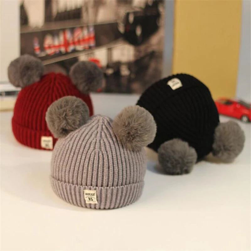 2019 Korean Style Baby Winter Warm Beanies Caps Dual Ball Boys Girsl Knitted Hats Child Kid Cotton Hat For 6~24Months | Детская одежда