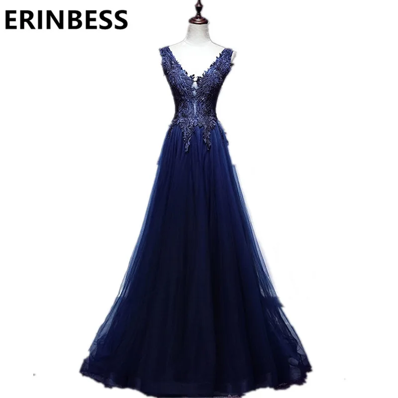 2020 Vestido De Festa Sexy Navy Blue Evening Dresses V Neck Sleeveless Appliques Party Gowns Women Formal | Свадьбы и торжества