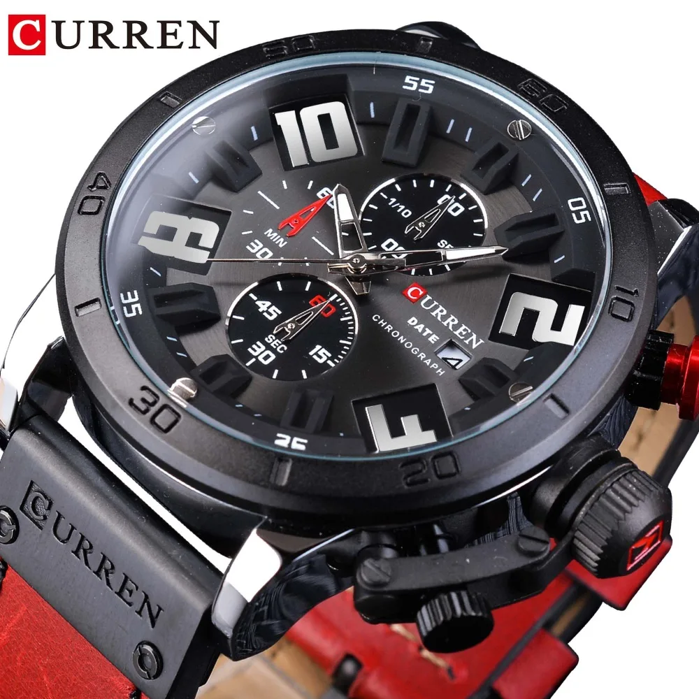 CURREN 2018 Модные Военные гоночные часы с циферблатом и красным кожаным календарем