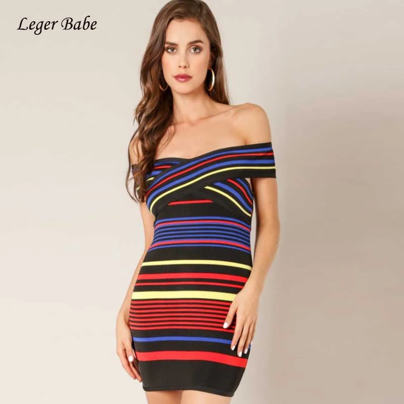 

Женское облегающее платье Leger Babe, разноцветное платье в полоску с открытыми плечами, коктейльное платье высокого качества для ночного клуба...