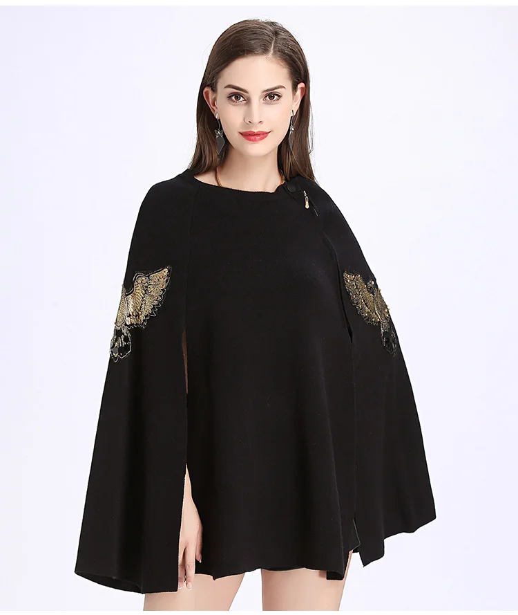 Женский трикотажный свитер-пончо длинный свитер с вышивкой в виде бабочки