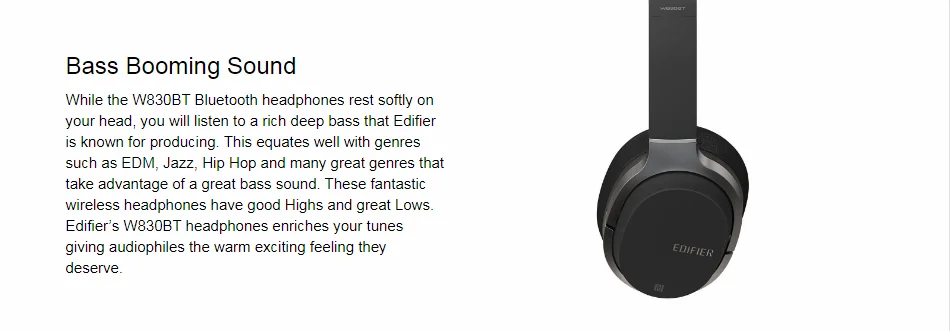 Edifier W830BT Bluetooth наушники, накладные беспроводные наушники, стерео гарнитура Hi-Fi с микрофоном и пультом дистанционного управления для телефонов, ПК, стола