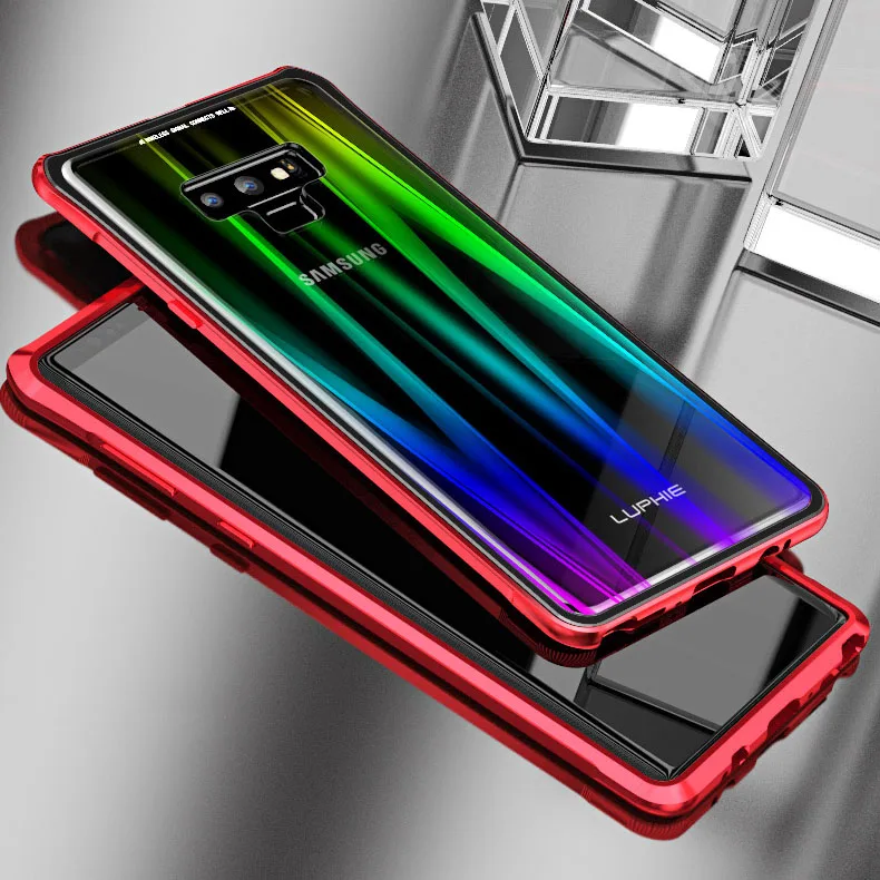 Red LUPHIE для samsung примечание 9 чехол Роскошные Жесткий магнитного металла Алюминий сплав прозрачный Стекло противоударный Броня чехол для телефона 6,4 - Цвет: Red
