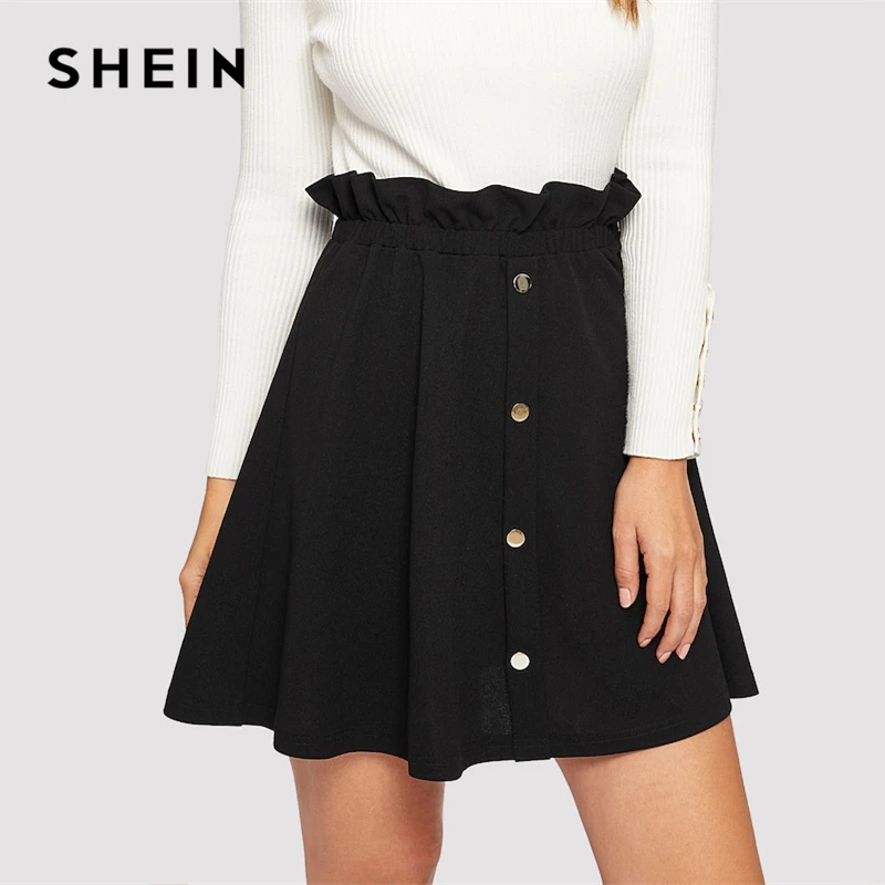 SHEIN черного цвета с поясом-оборкой гофрированное, с пуговицами спереди сдвиг юбка Повседневное Высокая Талия трапециевидной формы Для женщин юбки летние из искусственной кожи; обтягивающая юбка