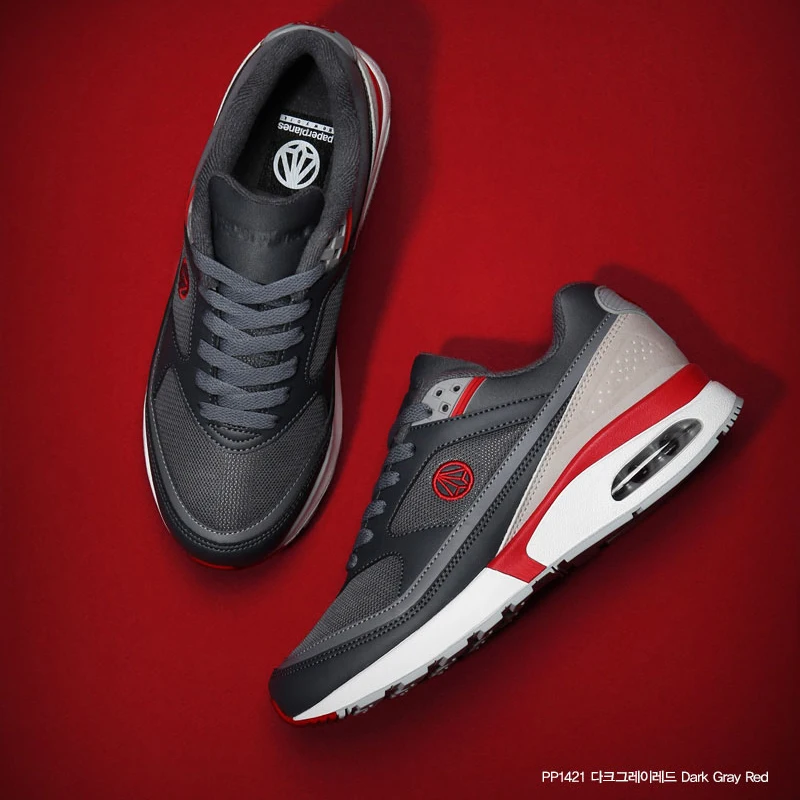 

PP1421 Premium Paperplanes Air Cap Leather Lace Up Training Shoes Trainers Dark Gary Red Sneakers