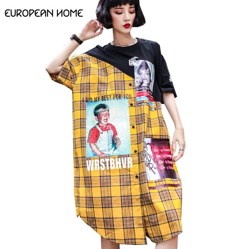 Женское платье-рубашка с круглым вырезом и коротким рукавом в стиле хип-хоп