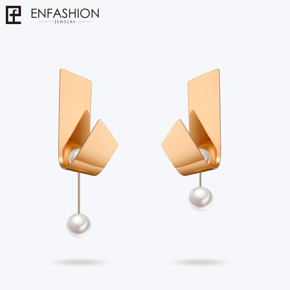 Enfashion, гнущиеся жемчужные серьги, висячие серьги для женщин, модные ювелирные изделия, длинные серьги, большие Oorbellen Voor Vrouwen EFJ181055 - Окраска металла: Rose gold color