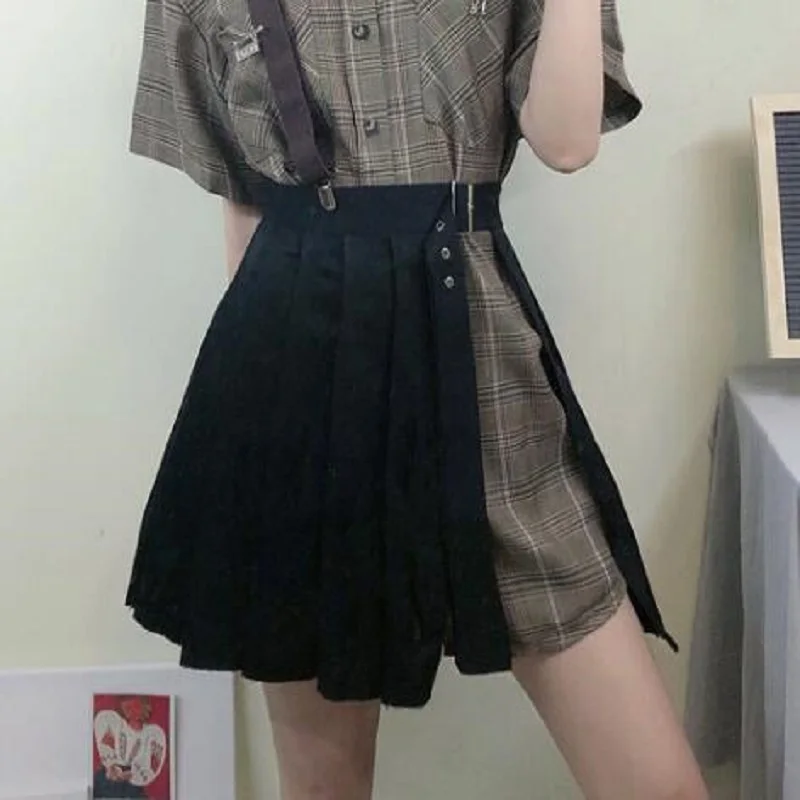 Harajuku Black Skirt Women Mini Pleated High Waist Basic Buckle Slit Punk Asymmetric Design for Female | Женская одежда