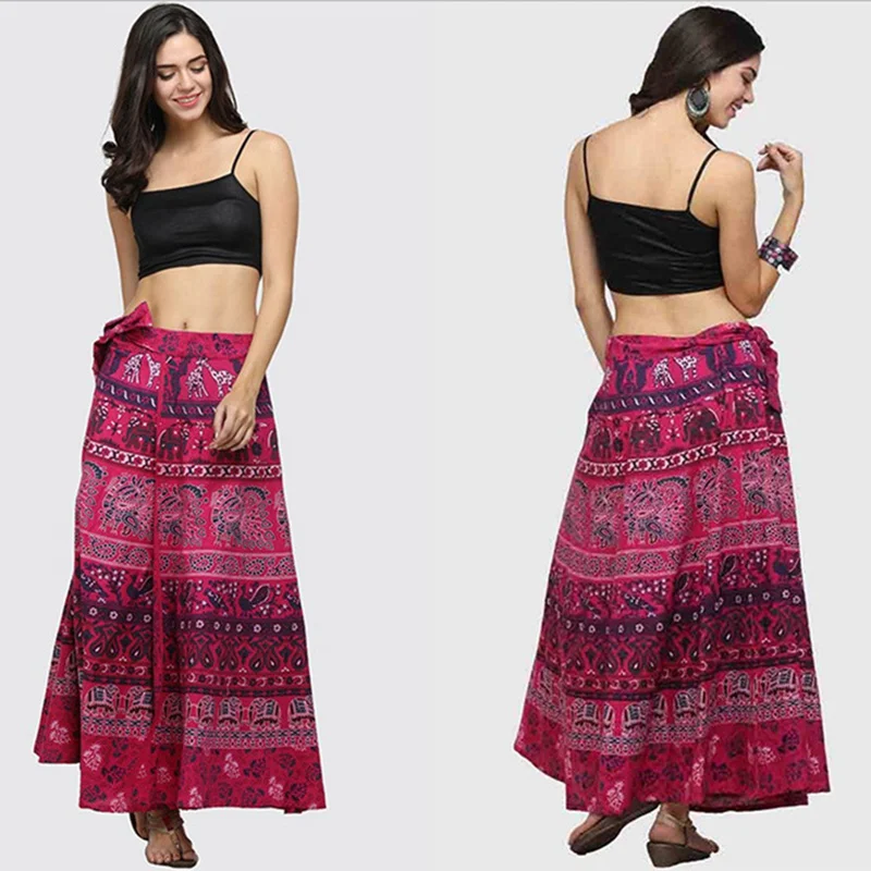 Женская юбка макси в богемном стиле, с цветочным принтом, элегантная, индийская, в этническом стиле, богемная, длинная, хиппи, пляжная юбка с поясом для женщин