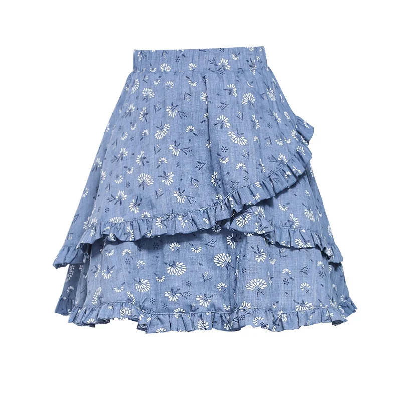 2018 летняя Женская эластичная джинсовая юбка с высокой талией и оборками