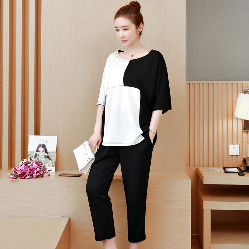 Новинка 2019 укороченные брюки большого размера с коротким рукавом модный костюм