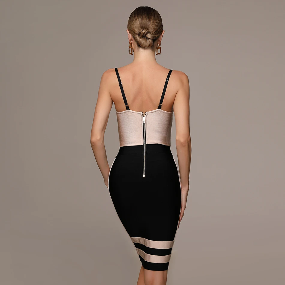 

2021 Summer New Women's Bandage Dress Fashion Sexy Nude Stripe Stitching Spaghetti Hollow V-neck Knee Dress Club Party Dress