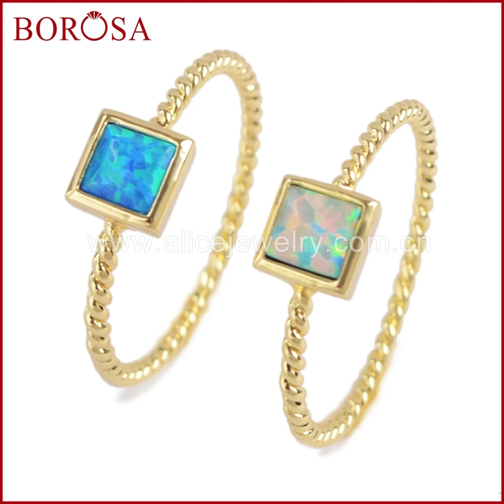 

BOROSA 10PCS Japanese Opal Gems Rings Fashion Gold Bezel Square White/Blue Man-made Opal Ring for Women Druzy Jewelry ZG0240