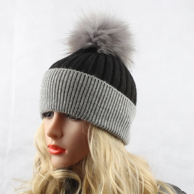 Зимние шерстяные шапки для женщин шапка с меховым помпоном женская трикотажная