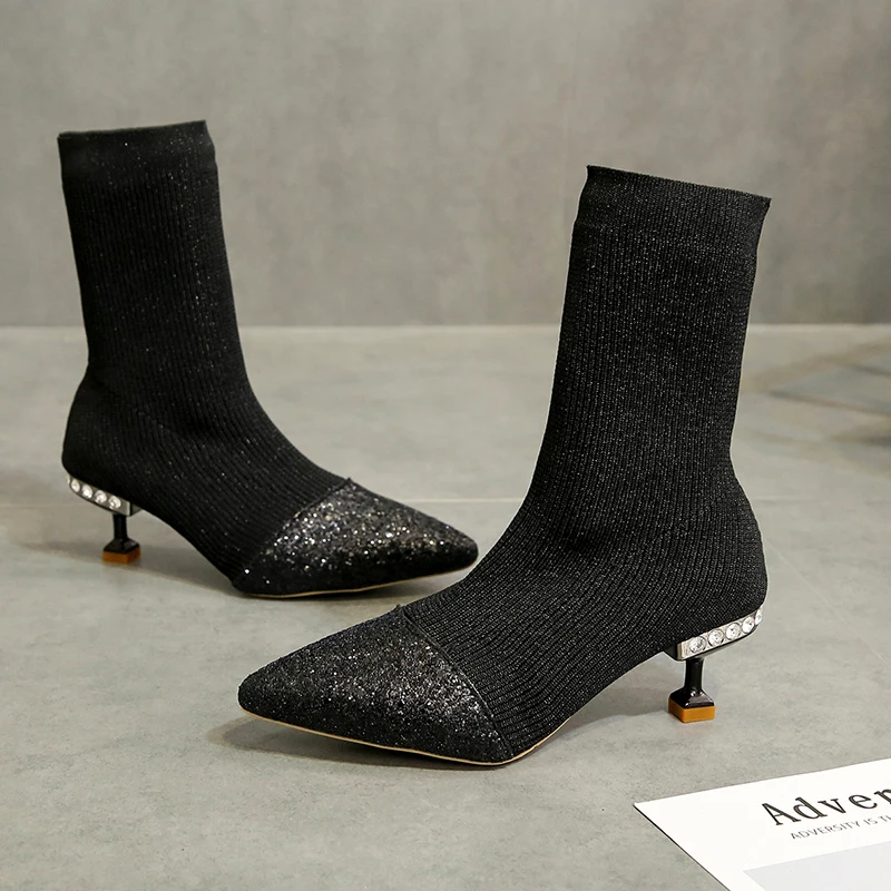 Женские ботинки носки с острым носком Aphixta эластичные короткие на тонком каблуке