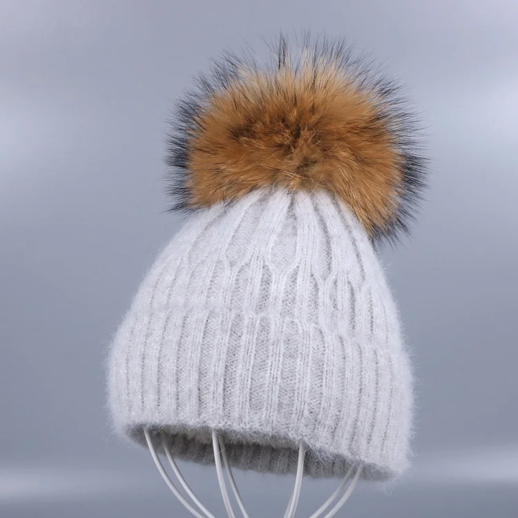 Mink Pom lt gray hat Высокое качество, шерстяные зимние шапочки, шапка для женщин, девушек, настоящая лиса, норка, помпоны, мяч, вязанные, мягкие, кашемировые, теплые, skullies gorro - Цвет: Mink Pom lt gray hat