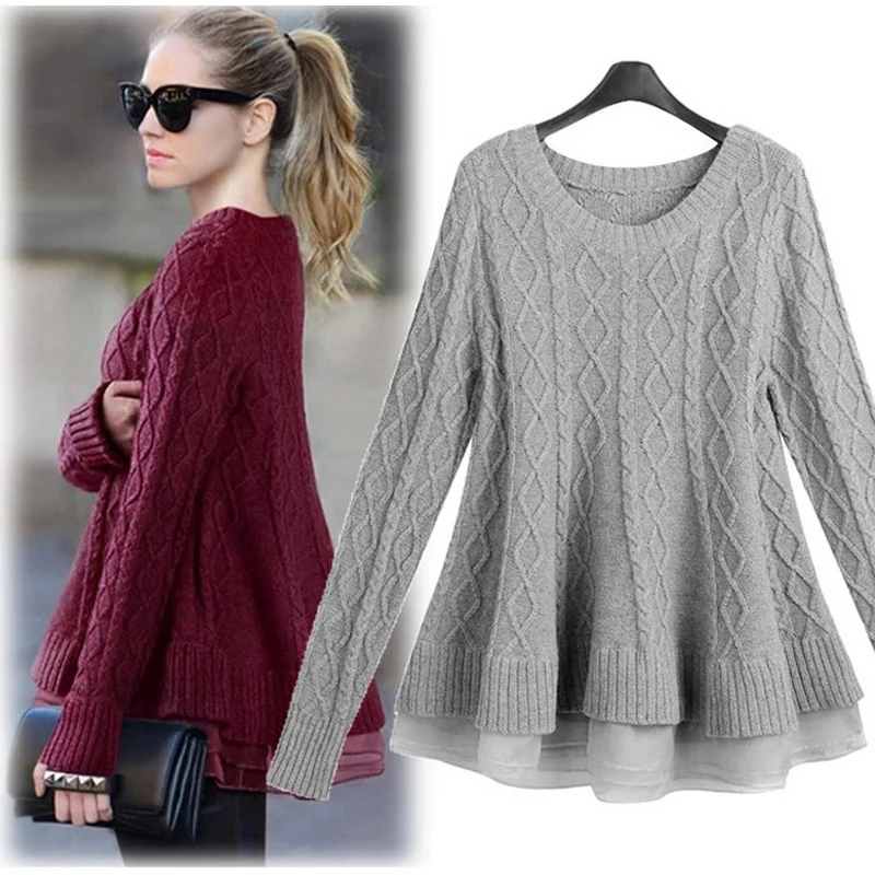 Женский вязаный пуловер с круглым вырезом повседневные свободные кружевные