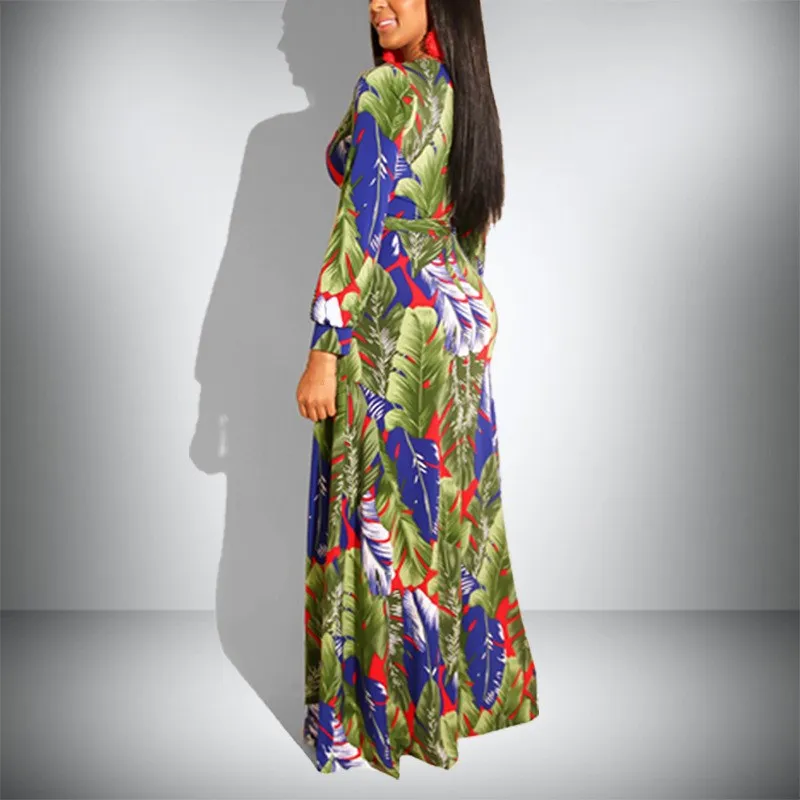 Boho V Neck Floral Printed Beach Long Dress Women Sexy Travel Split Party Bohemian Sleeve Empire Dresses | Женская одежда