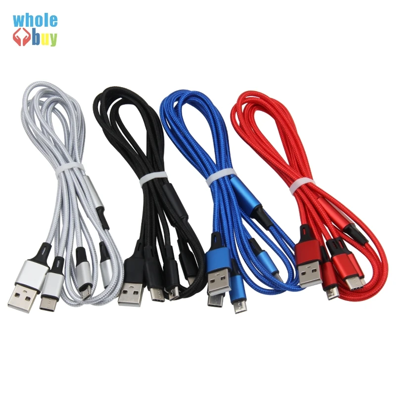 100 шт./лот нейлоновая плетеная ткань 3 в 1 USB Type C Micro 5pin 8pin кабель для быстрой зарядки