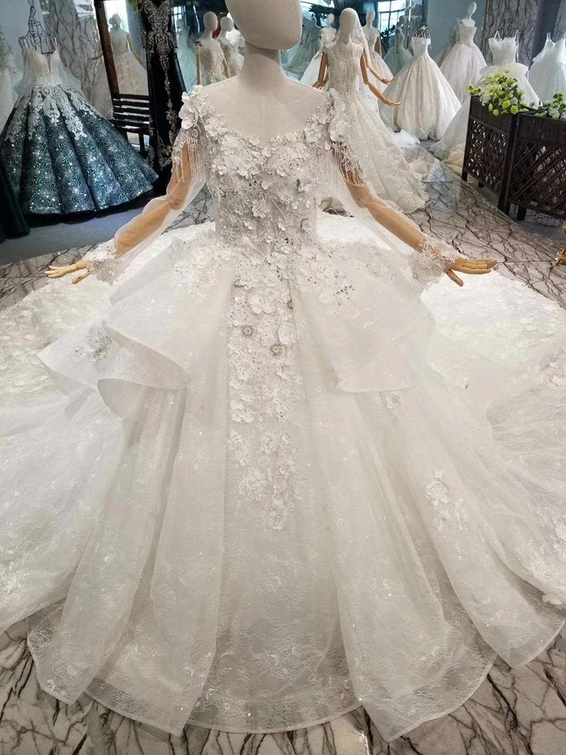 LSS075 free shipping beauty wedding gown o-neck long sleeve ball petal 3D flowers vestido elegante mujer para invitada boda | Свадьбы и