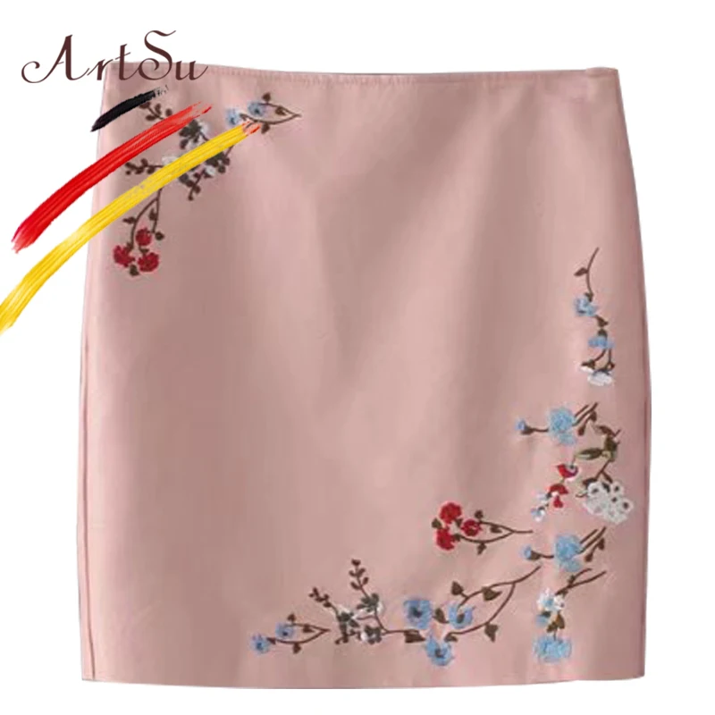 ArtSu винтажная Цветочная вышивка из искусственной кожи юбка-карандаш для женщин