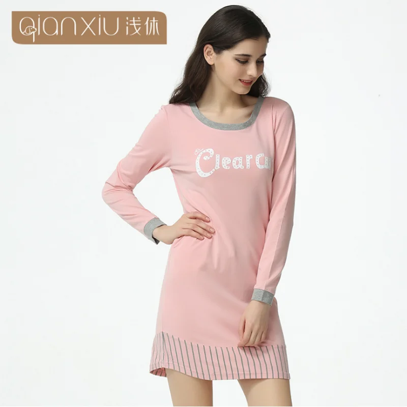 2019 Autumn Brand Homewear Women Casual nightdress Female Cotton sleepwear dress Ladies Long sleeve O-neck collar nighty | Женская