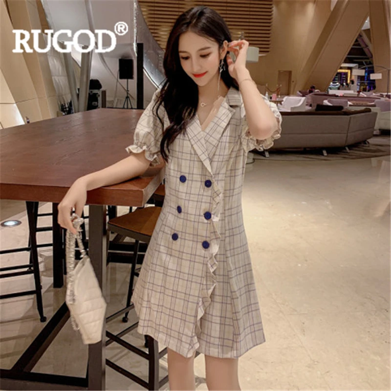 Женское винтажное платье RUGOD клетчатое двубортное мини-платье с отложным
