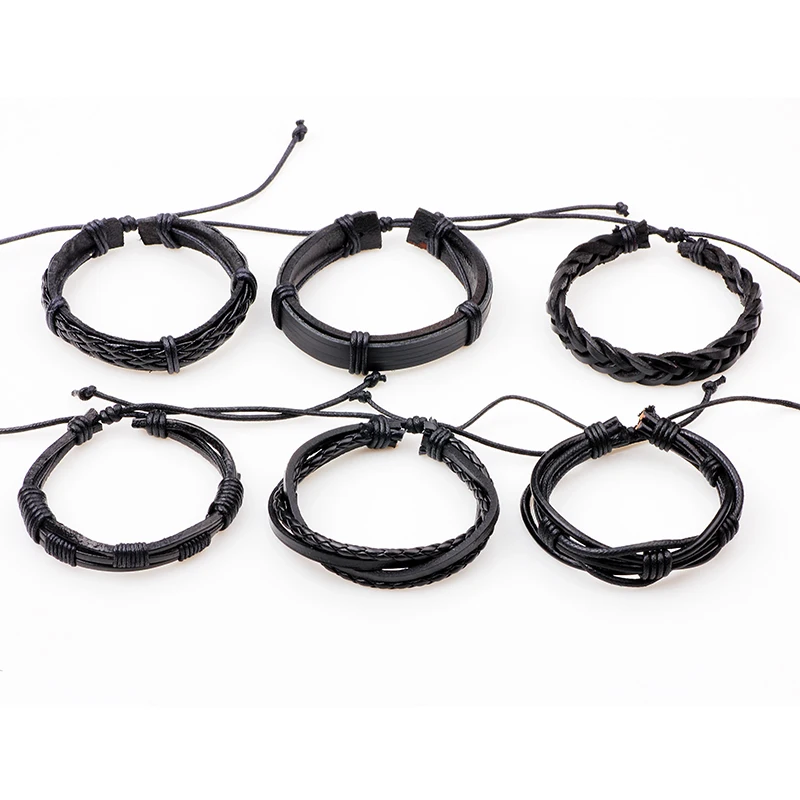 Винтажные повседневные кожаные браслеты очаровательные черные Многослойные