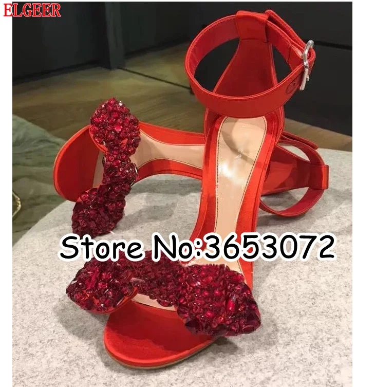 Pink Red Black Bling Rhinestone Bowtie Women Open Toe Sandals Ankle Wrap Dress Stiltto Pumps Shoes Crystal Lady High Heels | Обувь