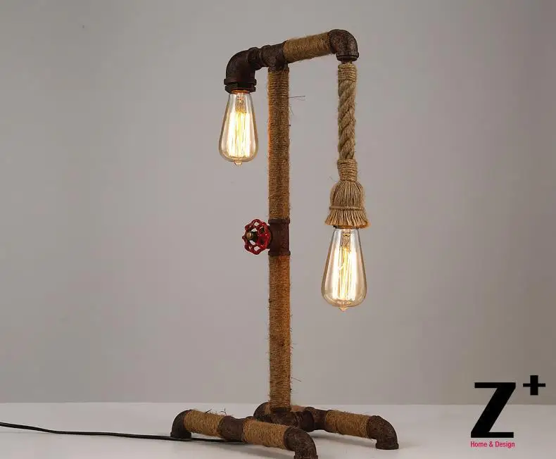 

Industrial style American Hand made DIY Iron pipe table lamp linen flax rope free shipping abajur