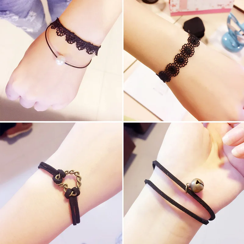 Черные кожаные кружевные ленты медные посеребренные Подвесные Браслеты с
