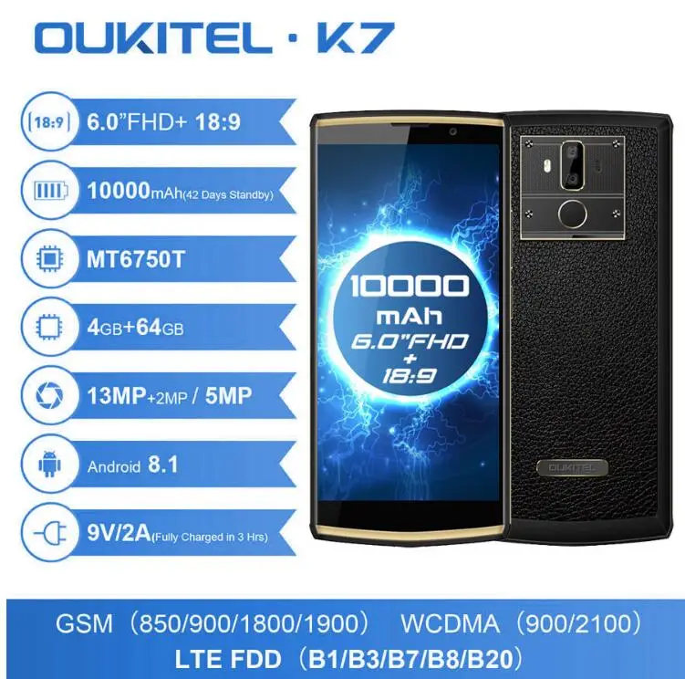 OUKITEL K7 10000mAh 9V 2A 6.0&quot 18:9 FHD+ MTK6750T Octa Core 4GB RAM 64GB ROM Android 8.1 13MP Dual Back Camera OTG Mobile Phone |