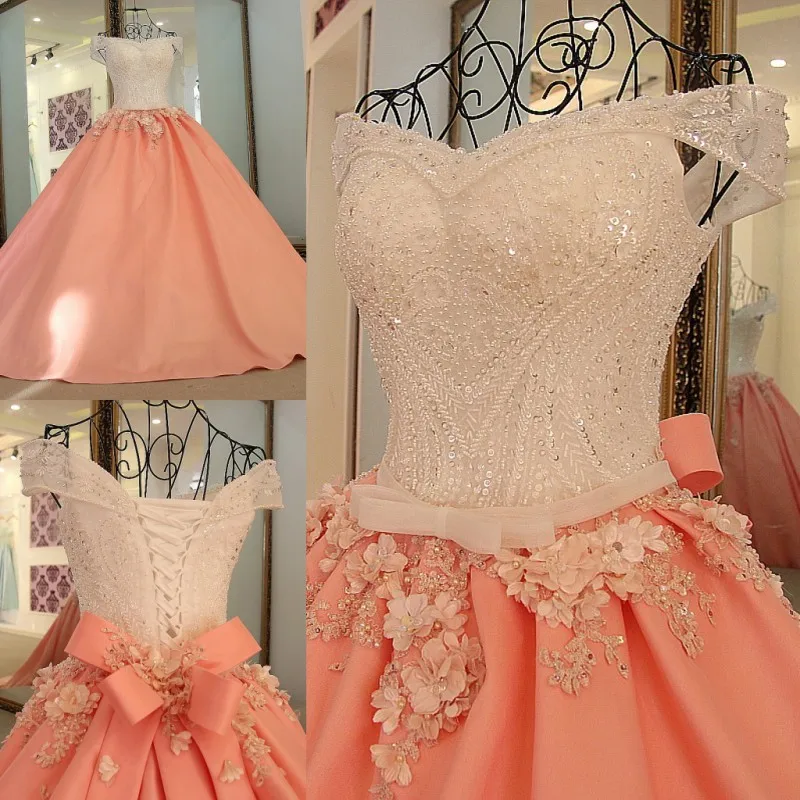 

LS32410 Luxury evening dresses with crystals satin sweetheart corset back vestido longo de festa peach color evening dress long