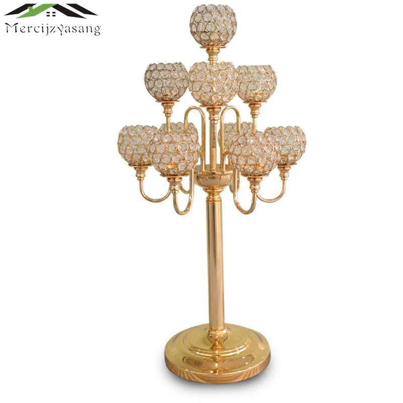 

10PCS/LOT Metal Gold Candle Holders 83CM 5-Arms With Crystals Stand Pillar Candlestick For Wedding Portavelas Candelabra 02901