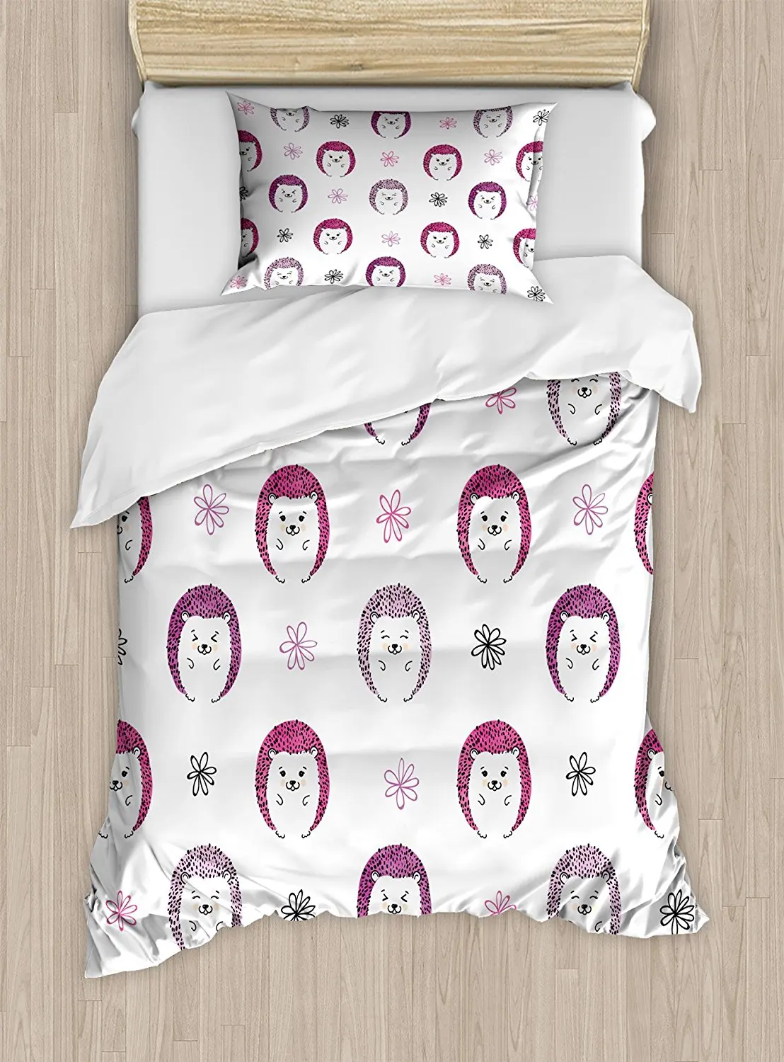 Hedgehog Duvet Cover Set Colorful Spiky Animals with Cute Faces Doodle Flowers Cartoon Style Decorative 4 Piece Bedding | Дом и сад