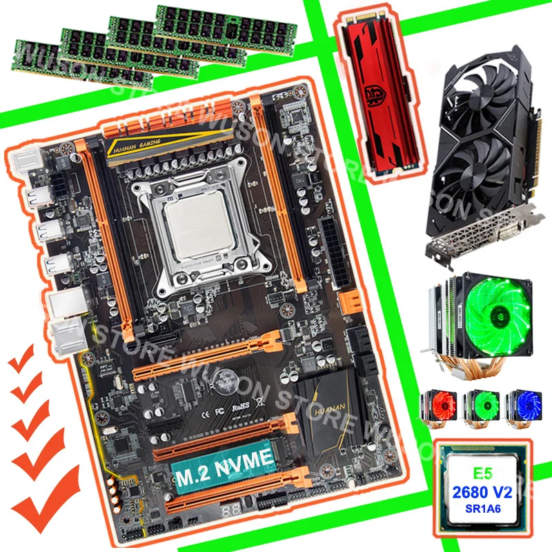 Материнская плата huanan Zhi X79 для игрового ПК в комплекте 240G NVME SSD GTX1050Ti 4G cpu Xeon E5 2680 V2 SR1A6 кулер ram 4*8G DDR3 1600 RECC
