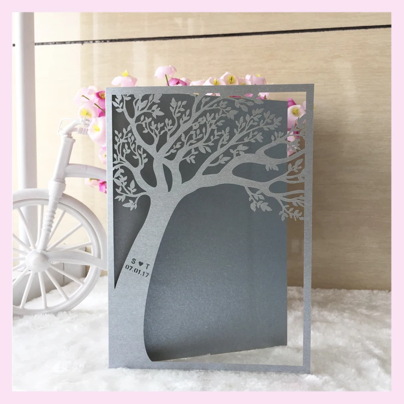 

100pcs/lot Customized words Bat/Bar Mitzvah decoration laser cut pretty Love Tree design wedding invitation cards Adult Ceremony