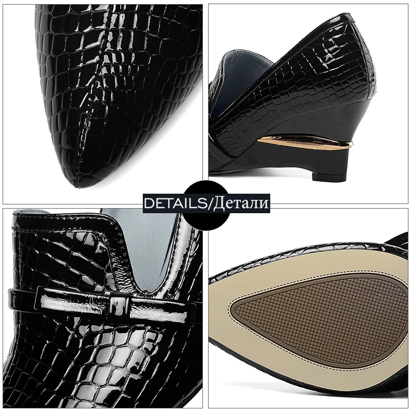 Туфли лодочки женские на высокой танкетке из тисненой коровьей кожи с бантом