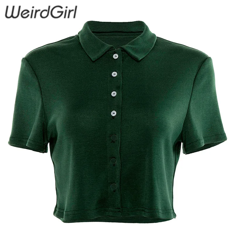 Weirdgirl/женские модные темно-зеленые футболки с отложным воротником, с коротким рукавом, на пуговицах, тонкие женские футболки, укороченный топ, женская уличная одежда, лето - Цвет: Зеленый