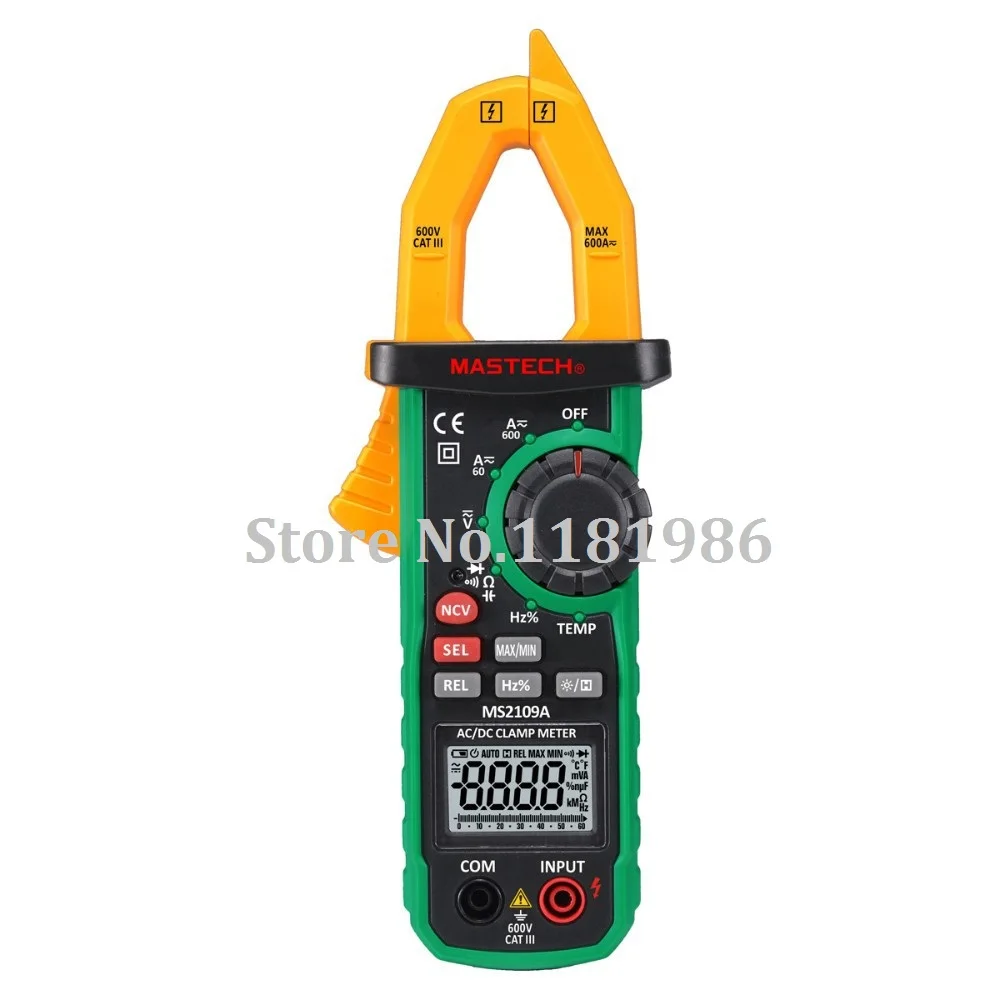 Mastech MS2109A True RMS Автоматический диапазон цифровой AC DC Клещи 600A мультиметр Вольт Ампер Ом Гц температура емкость тест er NCV тест