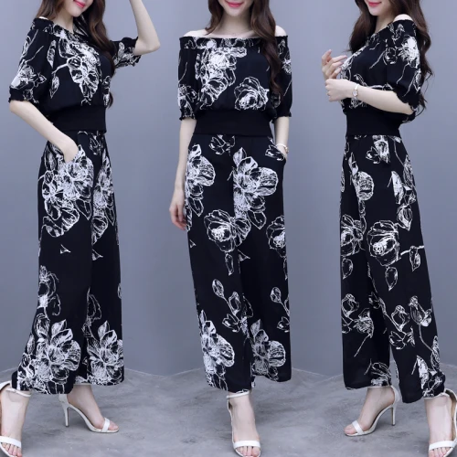 

2019 Summer Korean Slash Neck Casual Two Piece Set Black Floral Women Sets Clothes Wide Leg Pants Off Shoulder Set Women